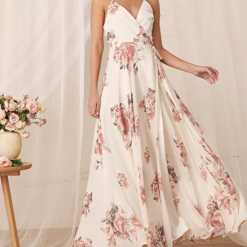 Lulus Cream Floral Print Wrap Dress